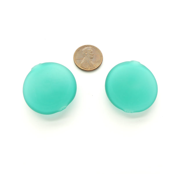 Contempo Murano Hollow Glass Beads, Coin Shape, Matte Teal, 33mm Diameter, Sold Individually