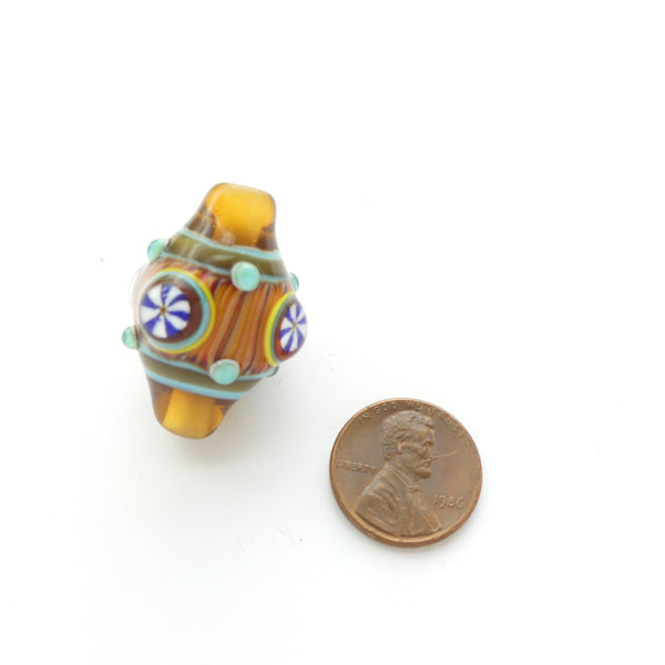Contemporary Bicone Bead, Amber with Turquoise & Pinwheel Mosaic Slices, 31x20mm