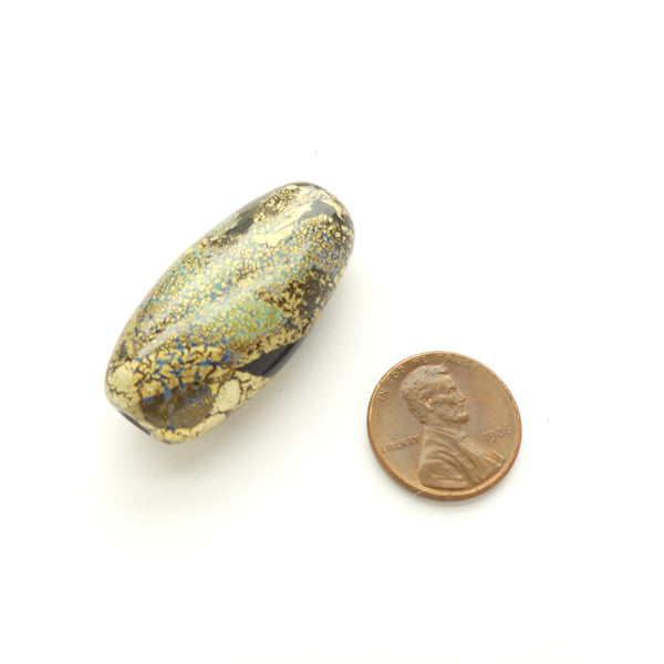 Rene Roberts, Pebble Series Bead, Black, Smokey Blue & Gold Leaf, 39x19mm