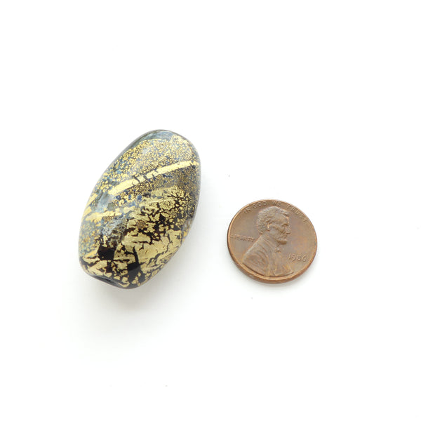 Rene Roberts Tabular "Pebble" Bead, Gold and other Metal Leafs on Black, 38x22x12mm