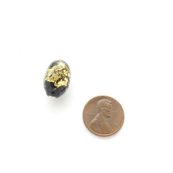 Contemporary Glass Bead, Black with Gold Leaf, Oval 19x12mm