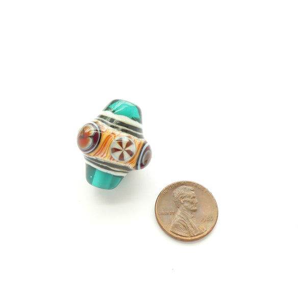 Contemporary Glass Bead, Bicone, Teal with Amber, White and Pinwheel Mosaics, 27x22mm