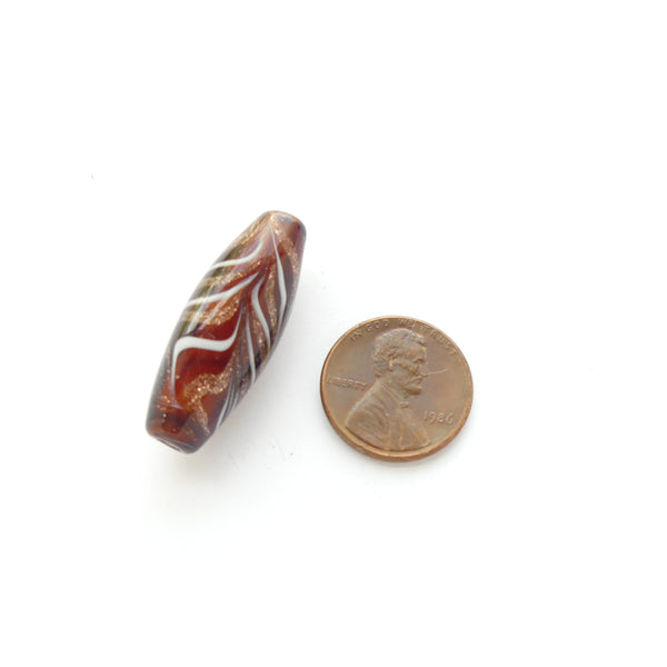 Contemporary Feathered Glass Bead, Amber, Red, White and Aventurine, 32x12