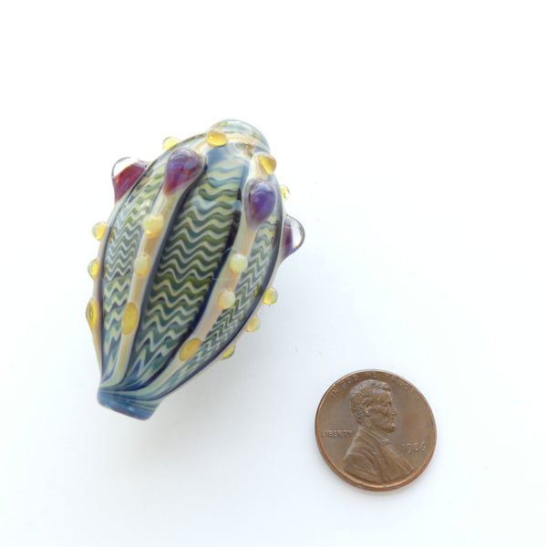 Tom Boylan Bead, Extra Large "Blossom" Style with Sea Green Blue Waves and Red & Opal Drops, 50x30