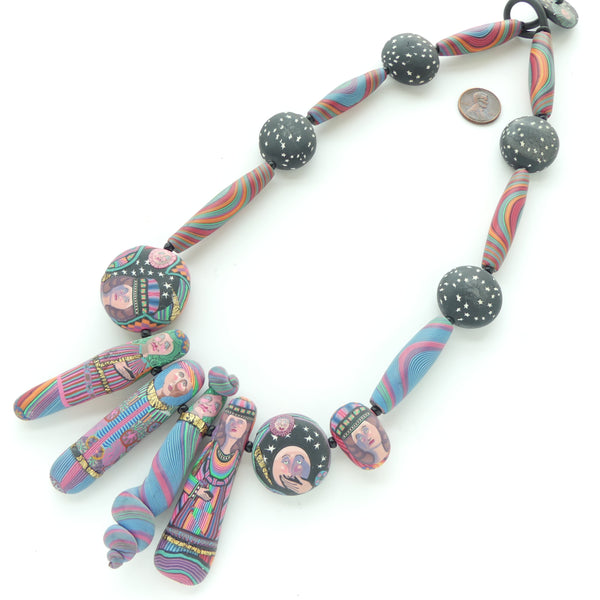 Kathleen Dustin Vintage Silk Roads Necklace, 18 Fimo Components, 23 inches Long,