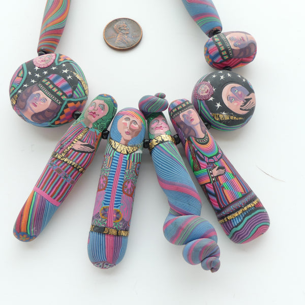 Kathleen Dustin Vintage Silk Roads Necklace, 18 Fimo Components, 23 inches Long,
