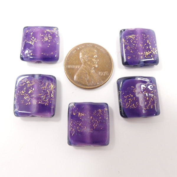 Art Glass Tiles, Purple with Gold Accents, 15x15mm, Sold as a Set of 5