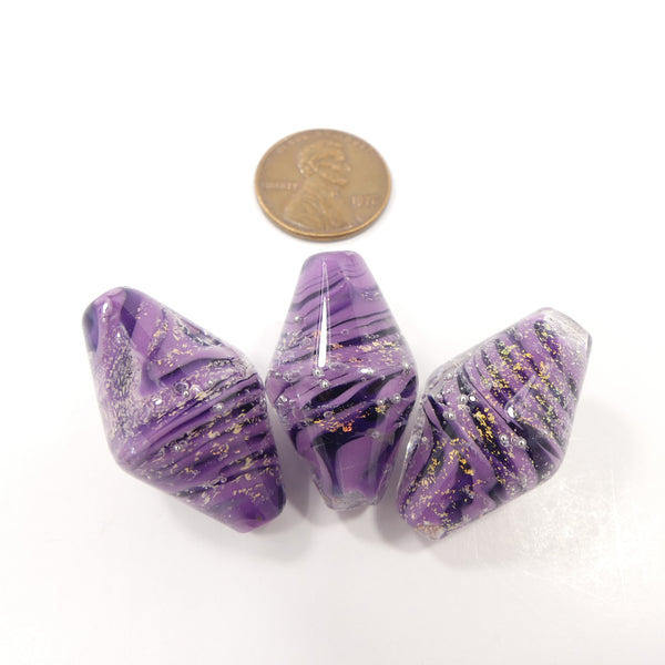 Bicones, Art Glass Purple & Black with Silver & Gold, 29x17mm, Sold Individually