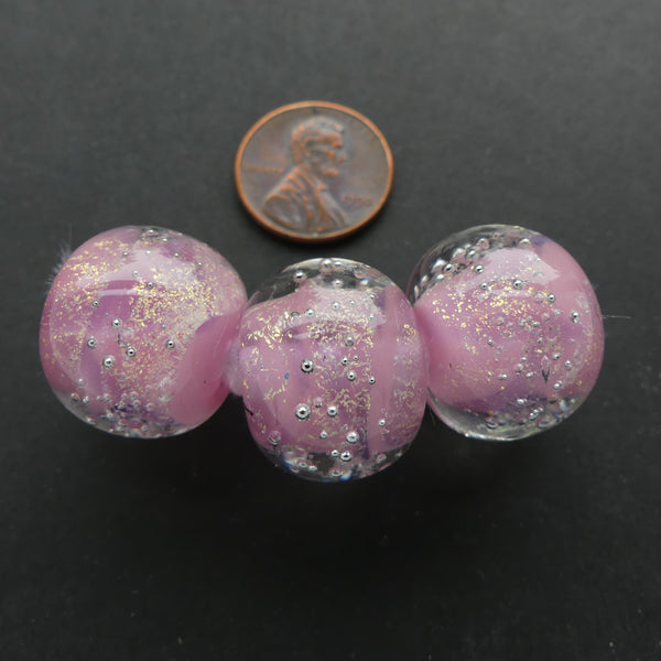 Round, Large Art Glass Beads 20mm Diameter, Pink with Gold & Crystal, Sold Individually