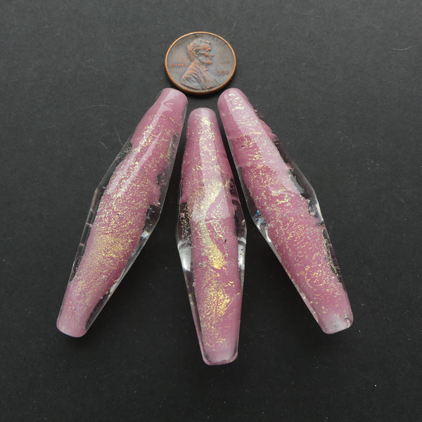 Bicones, Long & Elegant 58x15mm, Pink, Dusted With Gold & Cased in Crystal, Sold Individually