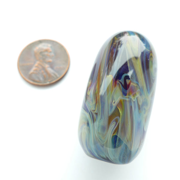 Subtle Borosilicate Bead by Jack Morris, Large Oval with Large Hole, Blues & Brown, 39x21mm