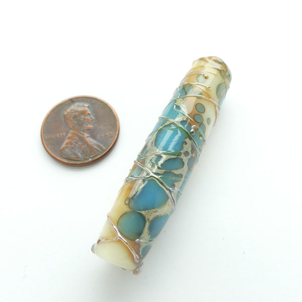 Long Creamy White Cylinder Bead 50x11m with Spreading Turquoise and Gold Glass Threads