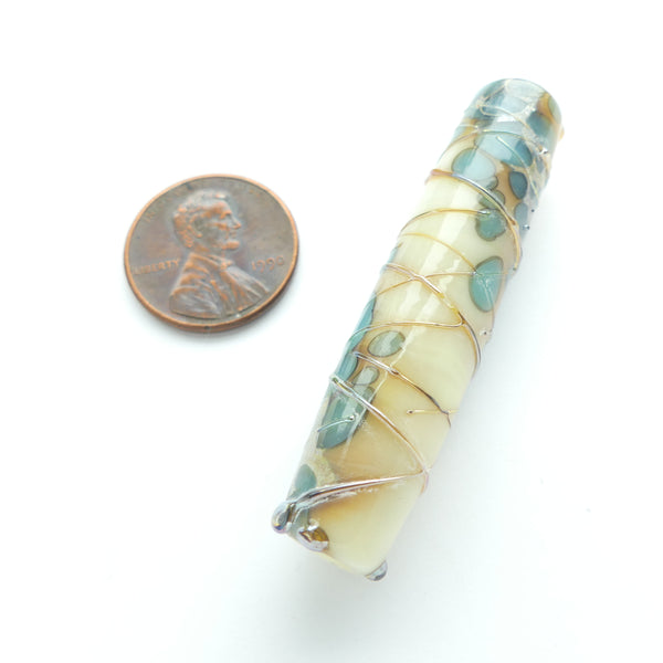Long Creamy White Cylinder Bead 50x11m with Spreading Turquoise and Gold Glass Threads
