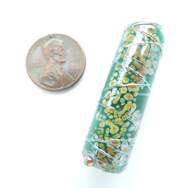 Art Glass Teal Green Cylinder with Mossy Speckles Wrapped up in Metalic Threads, 40x13mm