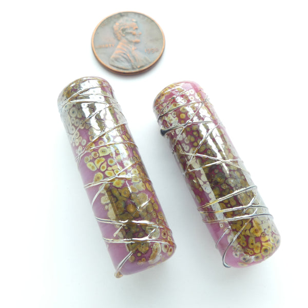 Art Glass Cylinder Beads, Dusty Rose with  Silver Threads & More, 40x13mm, Sold Individually