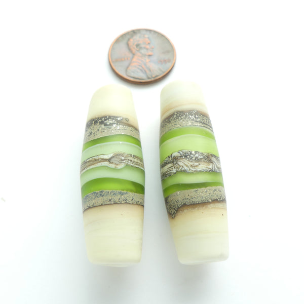 Cylinders, Ivory with Bands of Spring Green and Rocky Grey, 40x14mm, Sold by the Pair