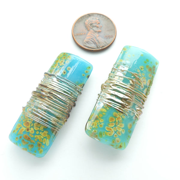 Rectangles, Slightly Domed, Turquoise & Earthtones with Metallic Threads, 40x16x6mm, Sold Individually