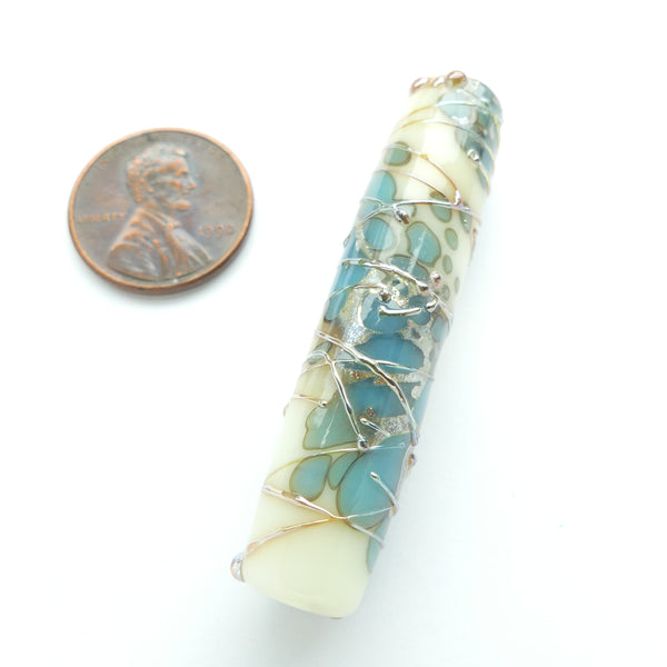 Long Lean Cylinder Bead, White Embellished with Turquoise & Gold, 50x11mm