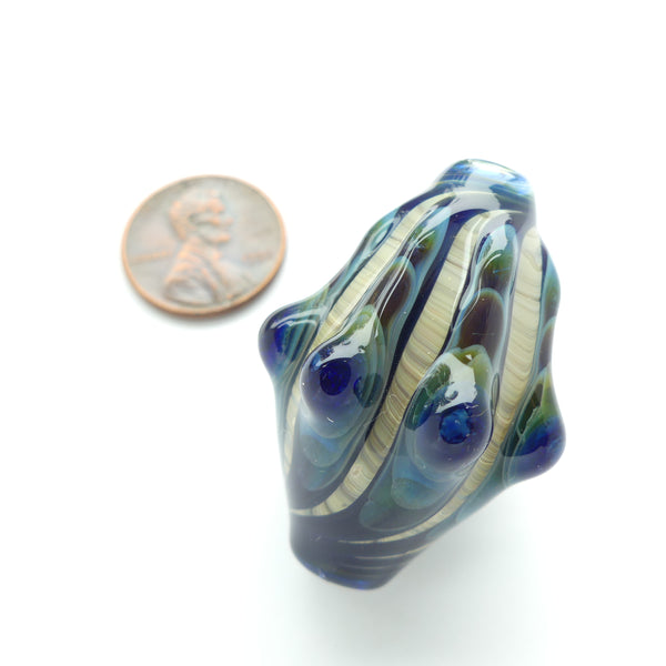 Tom Boylan Bead, Moody Blues with Sandy Beach, Bicone Shape, 37x25mm
