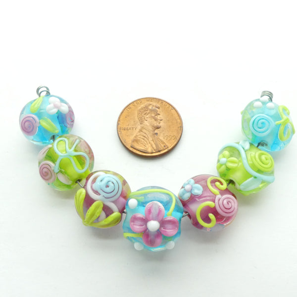 Lentils, 15mm Diameter, Spring Flowers Pink & Aqua, Sold as a Set of 7 Beads