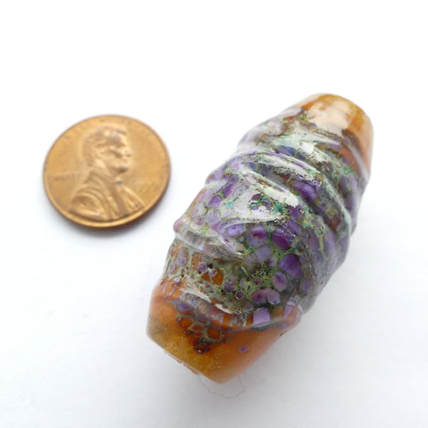 Contemporary Glass Bead, Artist Unknown, Turquoise & Lavender on Amber, 37x18mm