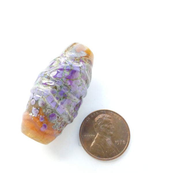 Contemporary Glass Bead, Artist Unknown, Turquoise & Lavender on Amber, 37x18mm