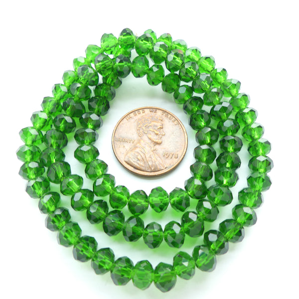 Faceted Glass, "Dragon Crystal" 4x6mm Dark Translucent Green on 16-inch Strands