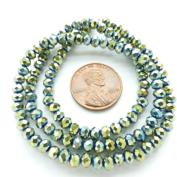 Faceted Glass, "Dragon Crystal" 3x4mm Light Green Iris on 16-inch Strands