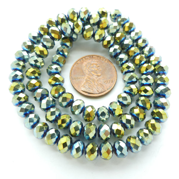 Faceted Glass, "Dragon Crystal" 4x6mm Light Green Iris on 16-inch Strands