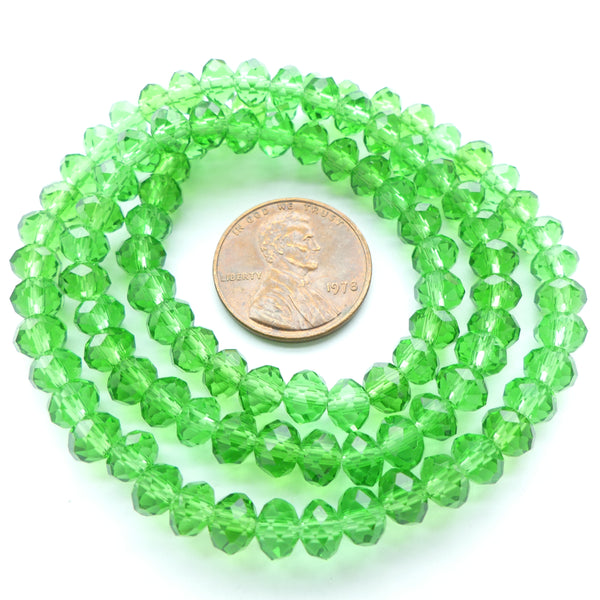 Faceted Glass, "Dragon Crystal" 5x6mm Medium Dark Translucent Green on 16-inch Strands