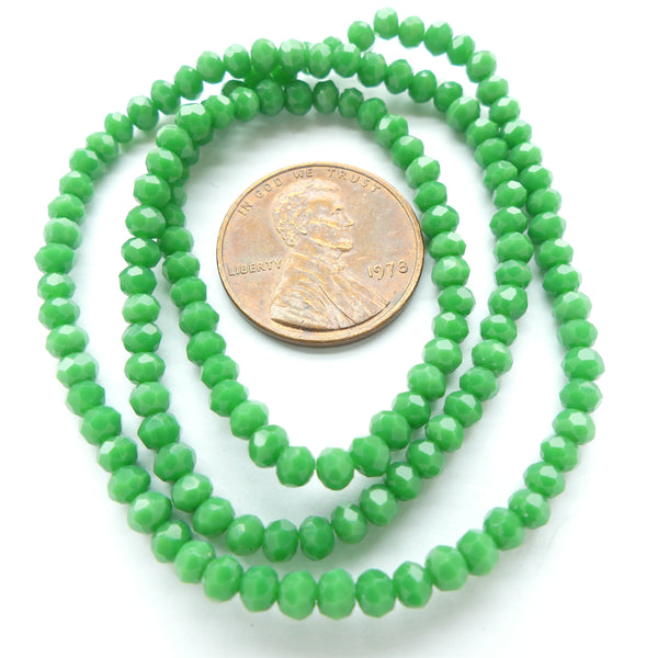 Faceted Glass, "Dragon Crystal" 2x3mm Medium Opaque Green on 16-inch Strands