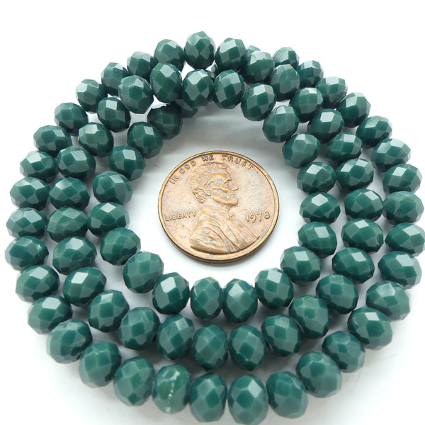 Faceted Glass, "Dragon Crystal" 5x6mm Dark Opaque Green on 16-inch Strands