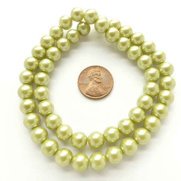 Glass Pearls, Round Light Olive Luster, 8mm on 16-inch Strands