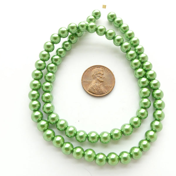 Glass Pearls, Round Green Luster Finish, 6mm on 16-inch Strands