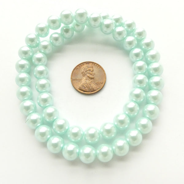 Glass Pearls, Round Light Mint Luster, 8mm on 16-inch Strands