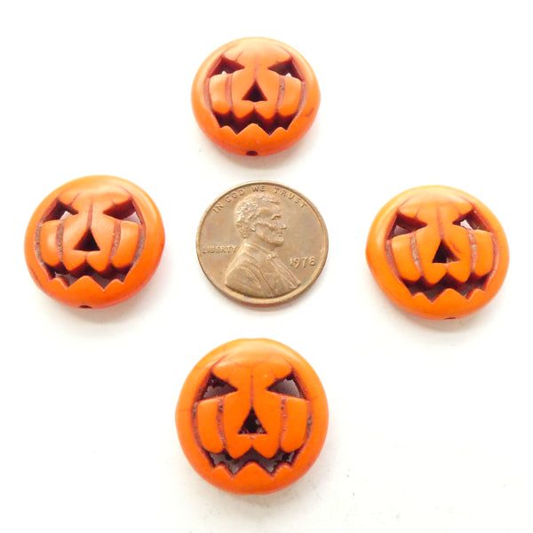 Halloween Beads, Carved Pumpkn Face, Large 18mm Diameter, Set of 4