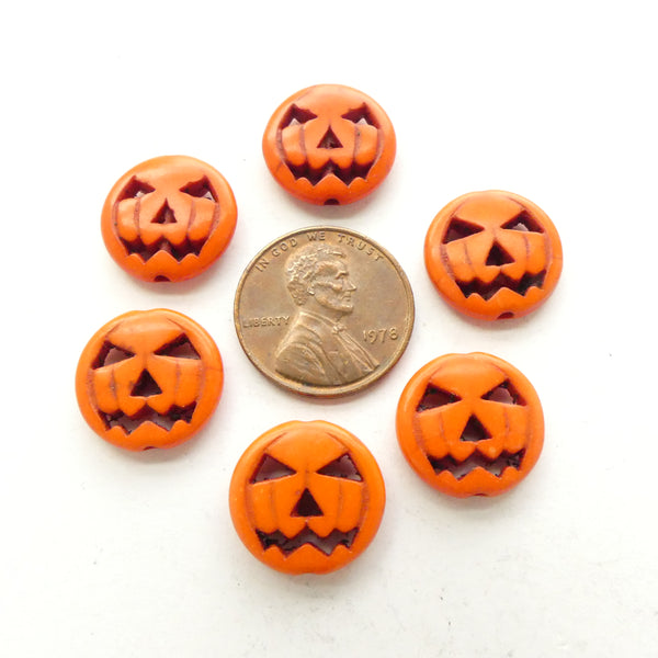 Halloween Beads, Carved Pumpkin Face, Small 9mm, Set of 6