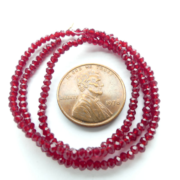 Faceted Glass, "Dragon Crystal" 1x2mm, Translucent Garnet Color on 12-inch Strands