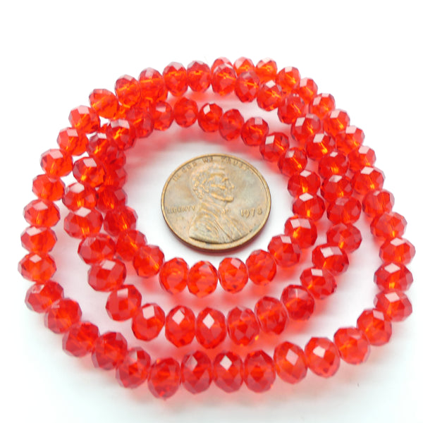 Faceted Glass, "Dragon Crystal" 5x6mm, Translucent Red-Orange on 16-inch Strands