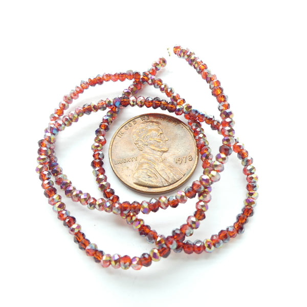 Faceted Glass, "Dragon Crystal"1x2mm, Red/Orange AB on 12-inch Strands