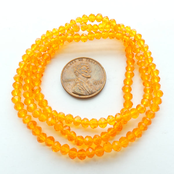 Faceted Glass, "Dragon Crystal" 3x4mm, Translucent Orange on 18-inch Strands