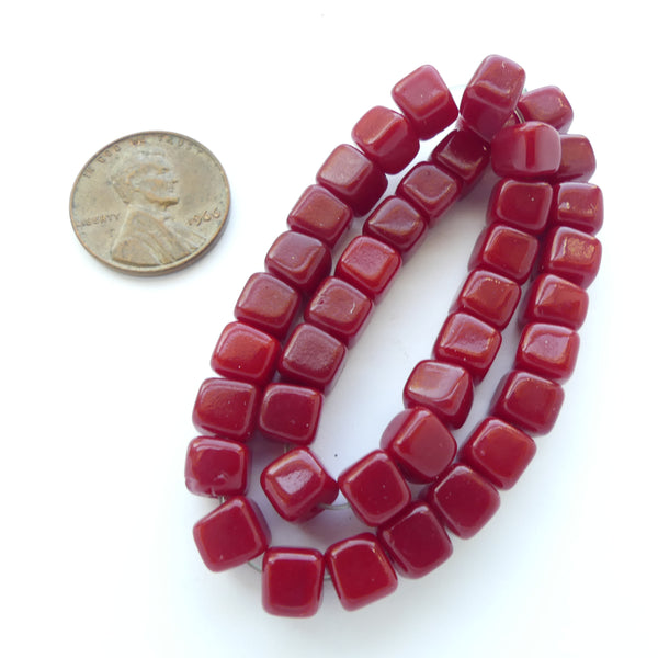Vintage German Glass Cube 6x6mm, Red, 10-inch Strand