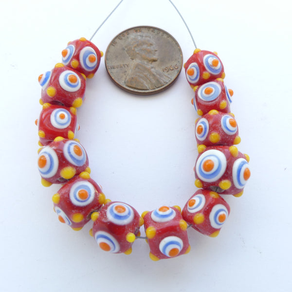 Chinese Glass Eye Bead, 7x9mm, Red with Multi-color, Sold in Sets of 10