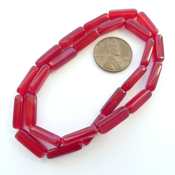 Czech Glass Tube 15x5mm, Red on 15-inch Strands