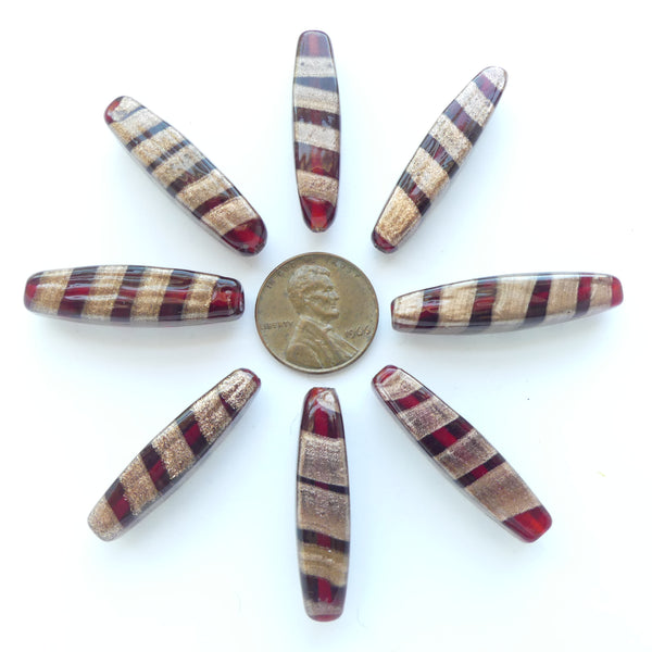 Czech Glass Lozenge 32-34mm Long x 8mm Wide, Red with Goldstone, Sold as a Set of 5