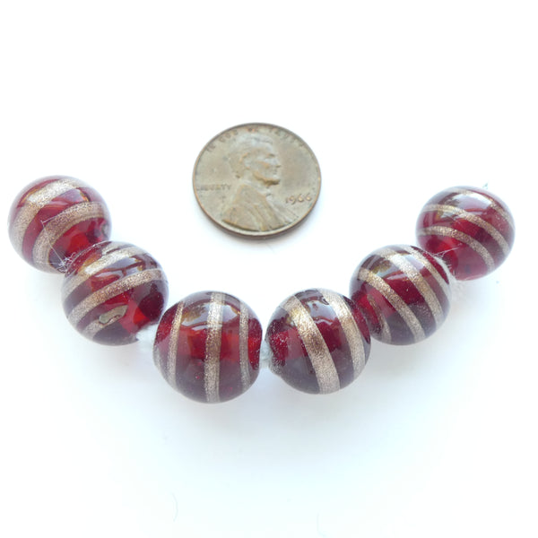 Czech Glass Round 13-14mm Diameter, Red with Goldstone Spiral, Sold as a Set of 6