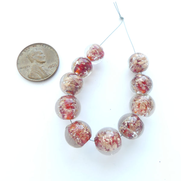 Czech Glass Round 9-10mm Diameter, Red Speckle, Sold as a Set of 10