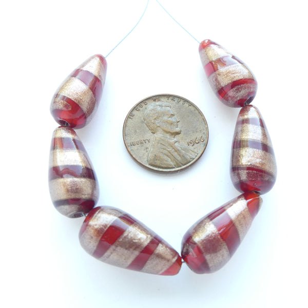Czech Glass Teardrop 19-21mm Long x 8-9mm Wide, Red with Gold Spiral, Sold as a Set of 6
