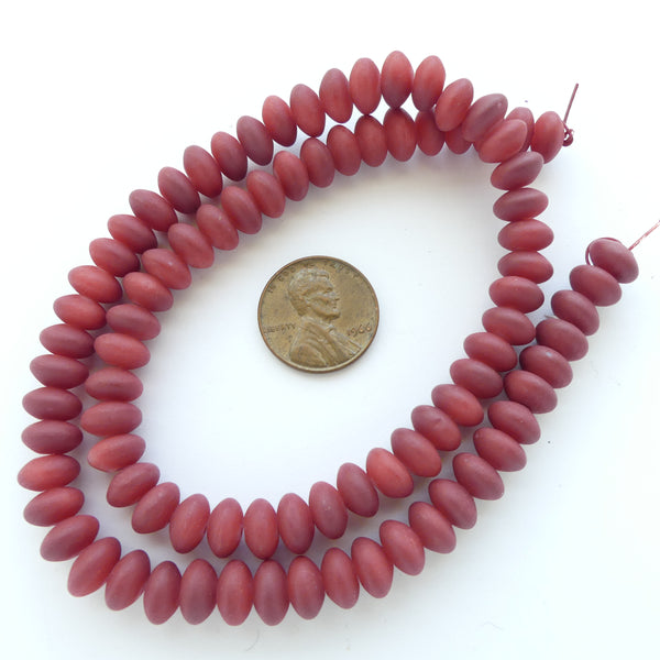 Glass Rondelle 5x8mm, Matte Red (Dyed?) on 16-inch Strand
