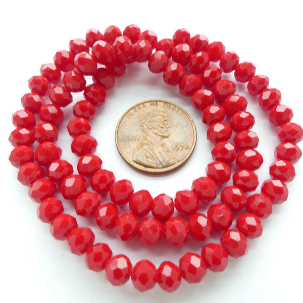 Faceted Glass, "Dragon Crystal" 5x6mm, Red Opaque, 16-inch Strands